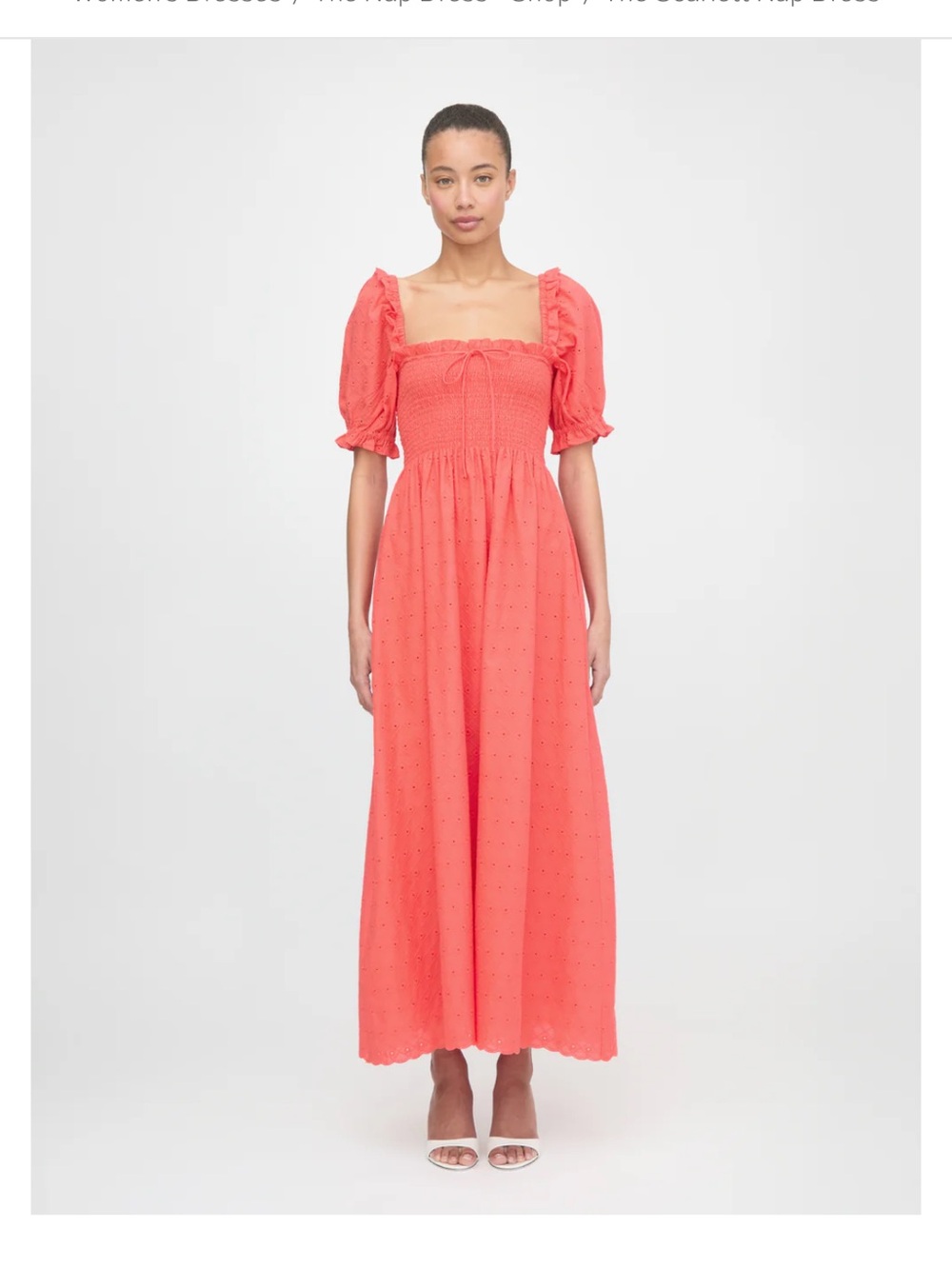 Hill House Coral Eyelet Puff-Sleeve Smocked Maxi Dress